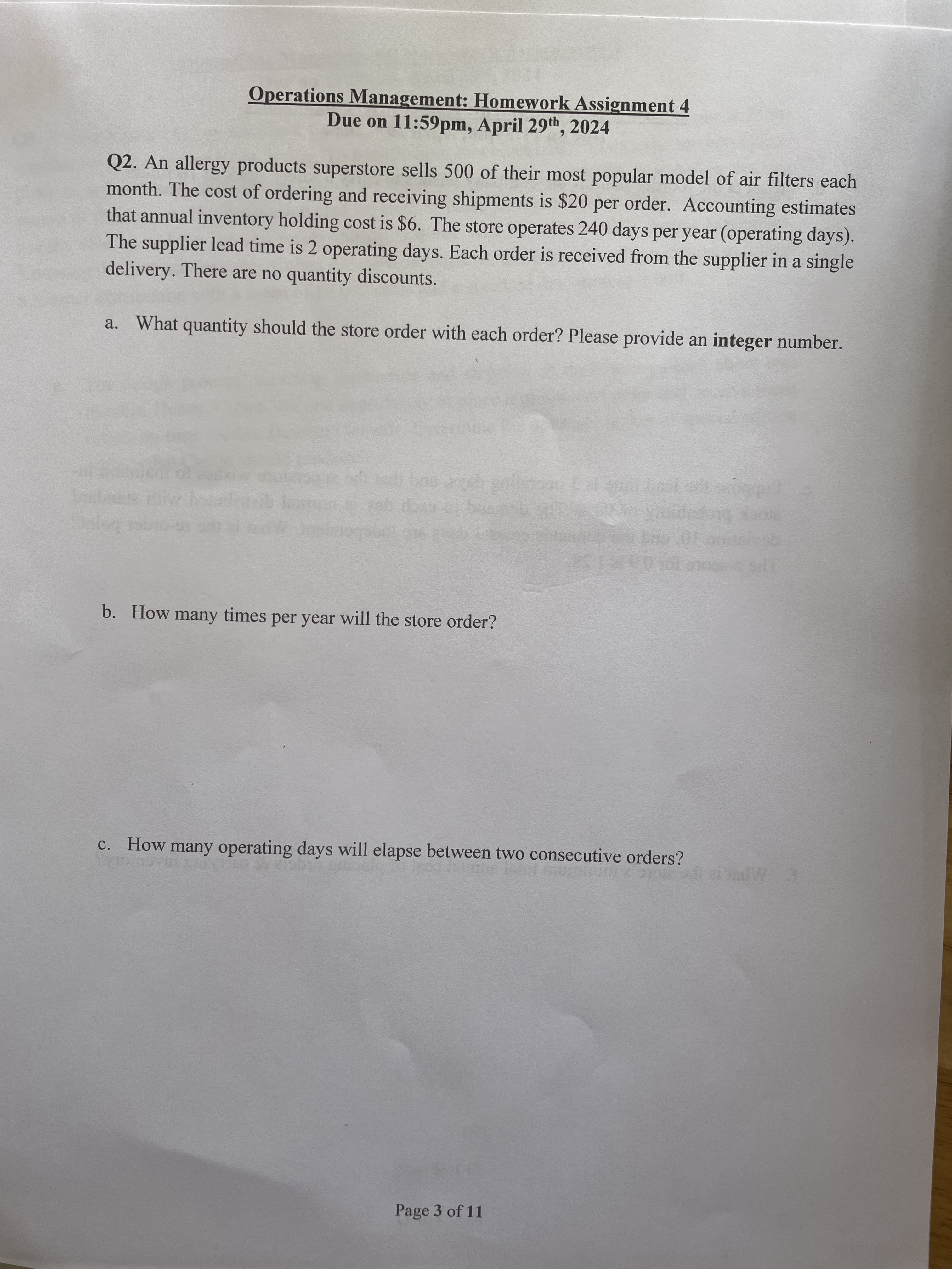  Operations Management: Homework Assignment 4 Due on 11:59pm, April 29th,2024 Q2.