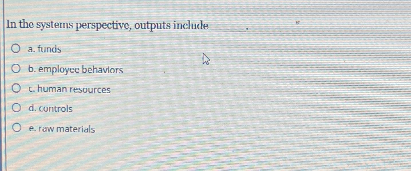  In the systems perspective, outputs include a. funds b. employee behaviors