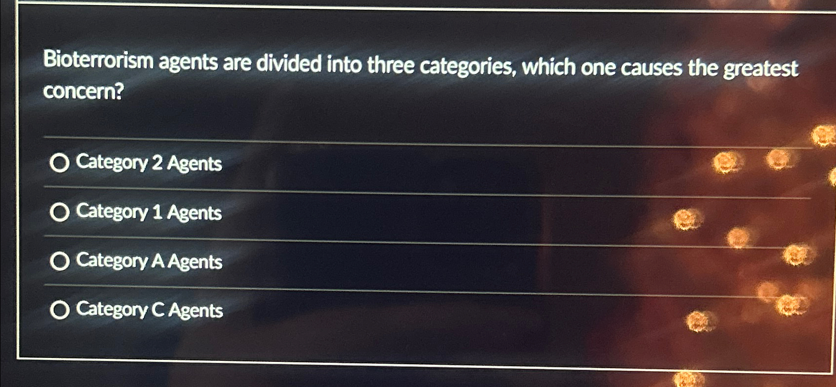  Bioterrorism agents are divided into three categories, which one causes the