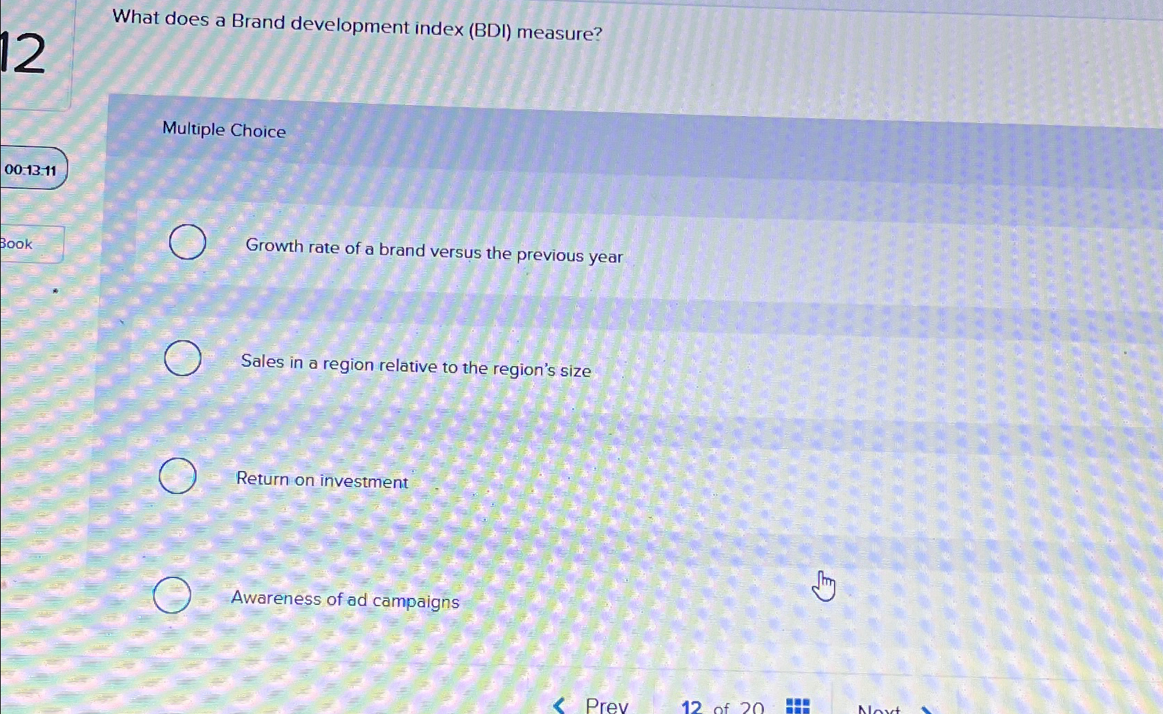 What does a Brand development index (BDI) measure? Multiple Choice 00-13-11