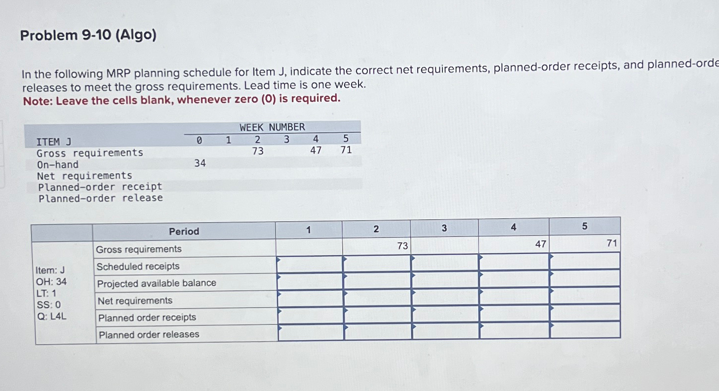  Problem 9-10(Algo) In the following MRP planning schedule for Item J,