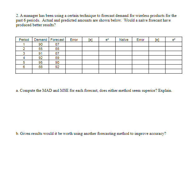 A manager has been using a certain technique to forecast demand