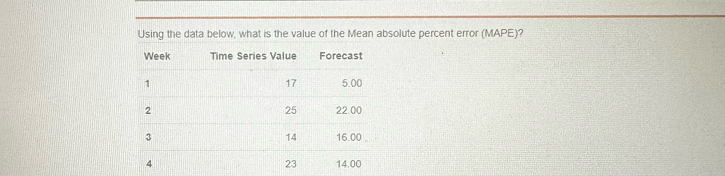  Using the data below, what is the value of the Mean