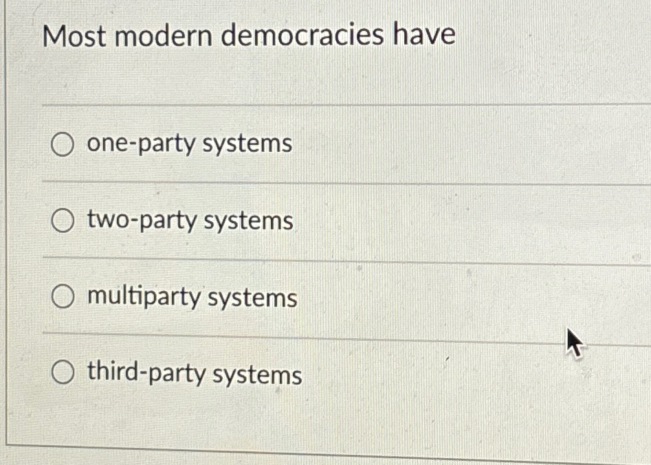  Most modern democracies have one-party systems two-party systems multiparty systems third-party
