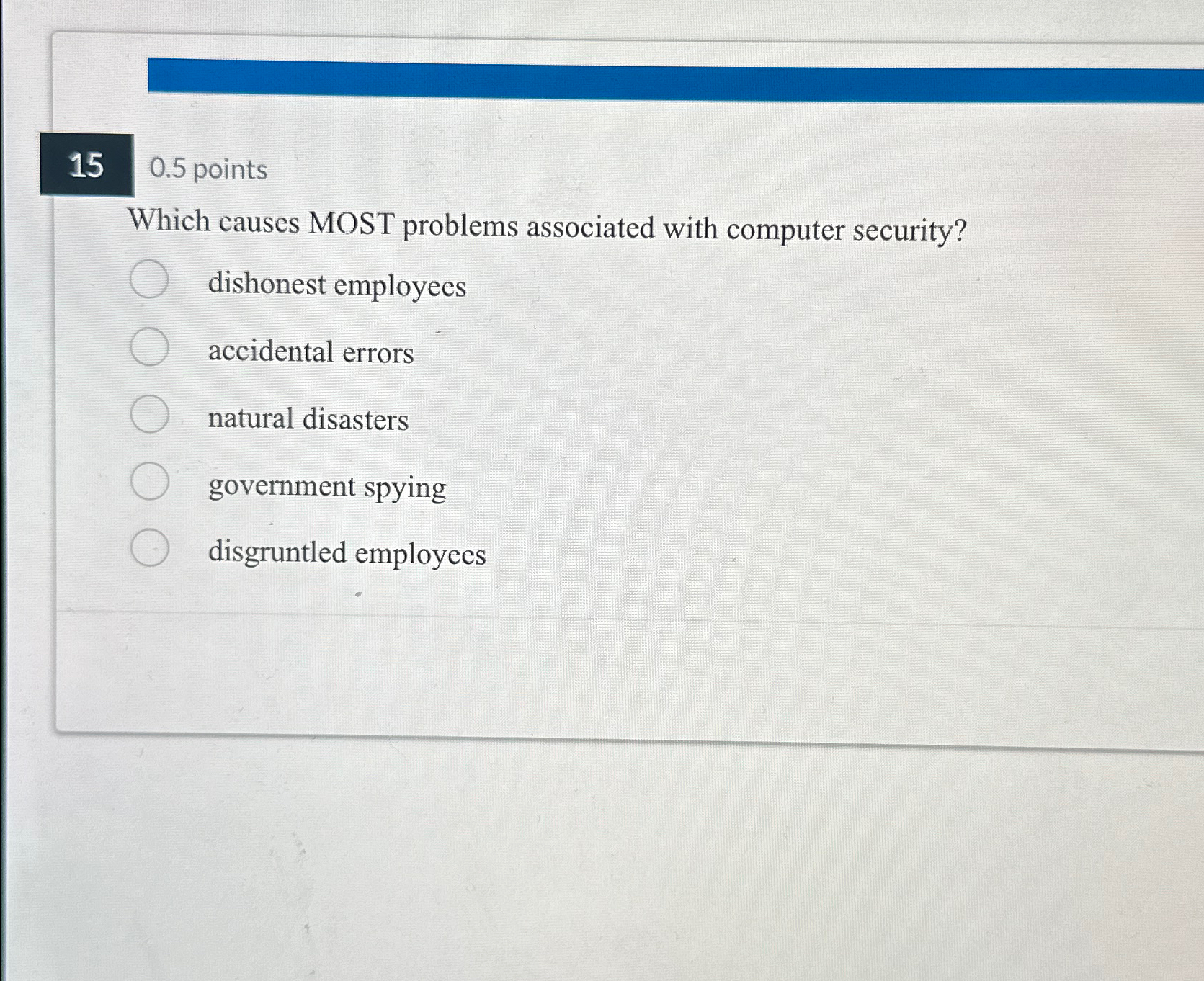 150.5 points Which causes MOST problems associated with computer security? dishonest