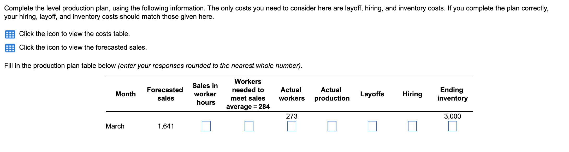 Complete the level production plan, using the following information. The only
