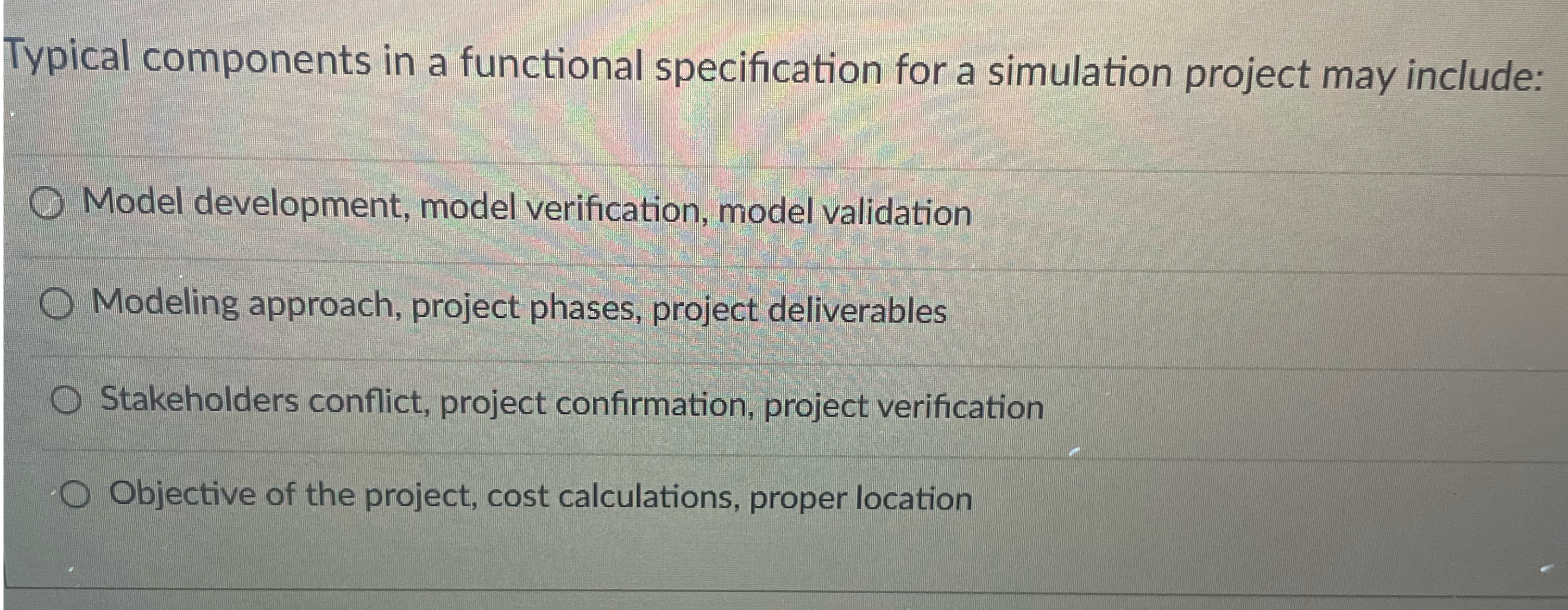  Typical components in a functional specification for a simulation project may