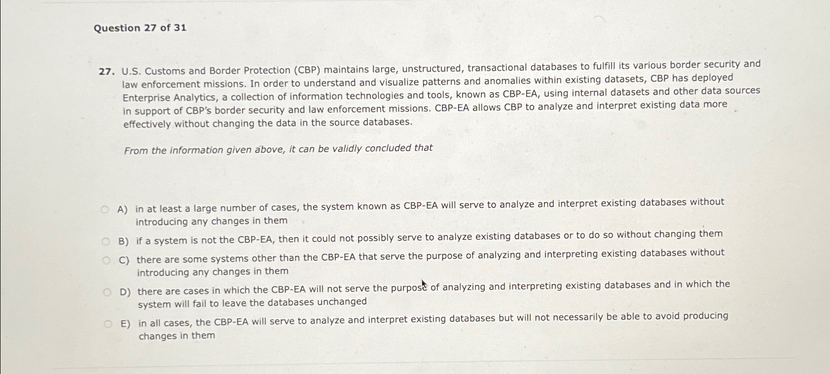  Question 27 of 31 27. U.S. Customs and Border Protection (CBP)