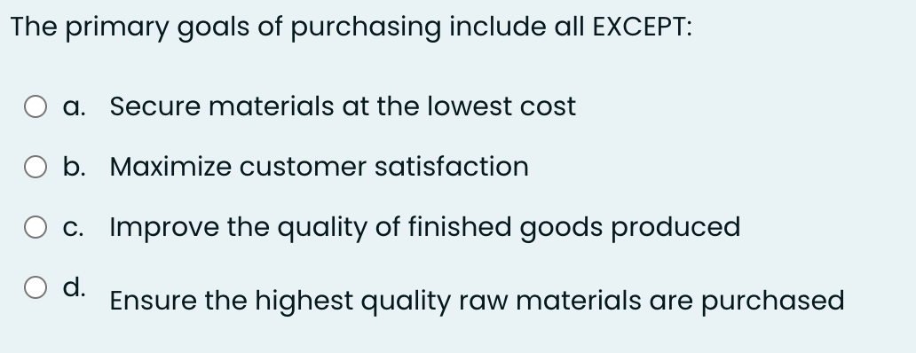  The primary goals of purchasing include all EXCEPT: a. Secure materials