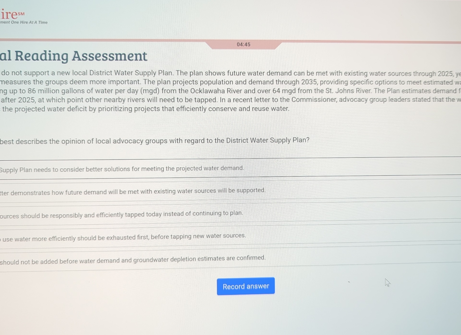  ire ?sm ment One Hire At A Time al Reading Assessment