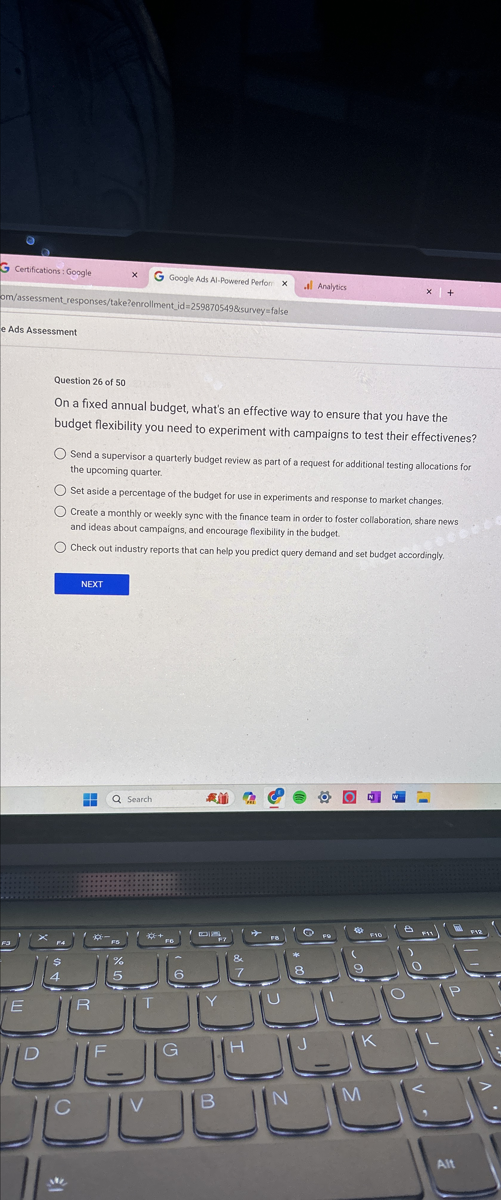  Certifications: Google Google Ads AI-Powered Perfori If Analytics x om/assessment_responses/take?enrollment_id =259870549