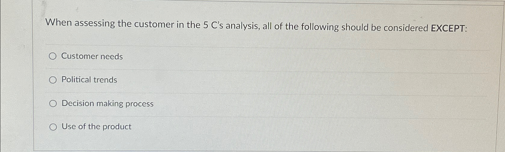  When assessing the customer in the 5 C's analysis, all of