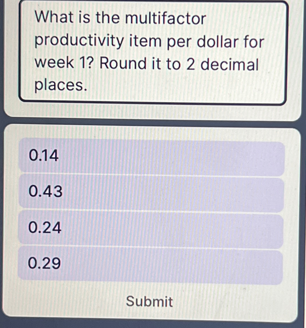  What is the multifactor productivity item per dollar for week 1?