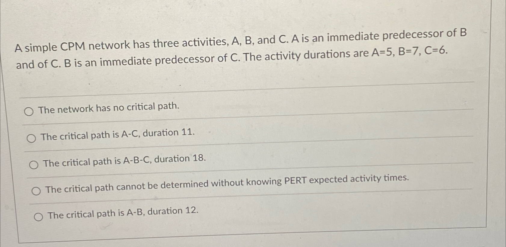  A simple CPM network has three activities, A, B, and C.