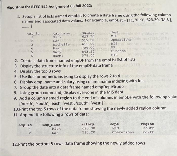 Python 1. Setup a list of lists named emplist to create a