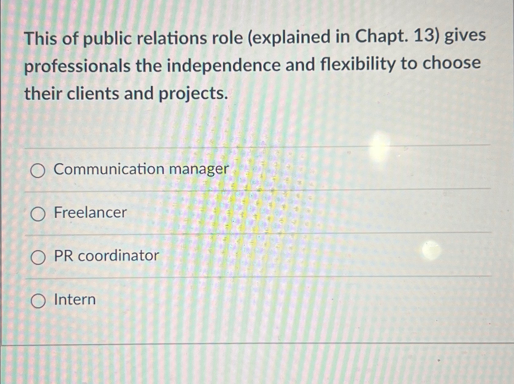  This of public relations role (explained in Chapt. 13) gives professionals