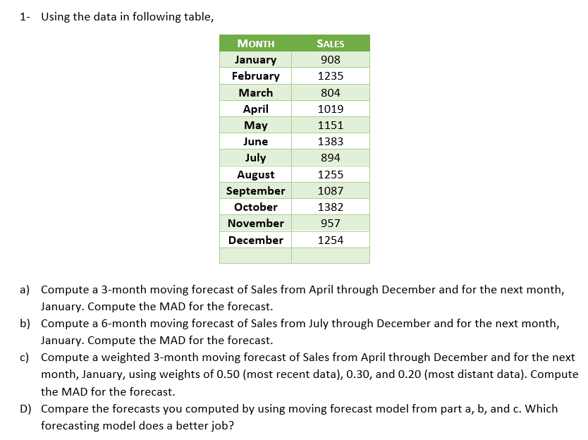  1- Using the data in following table, a) Compute a 3-month