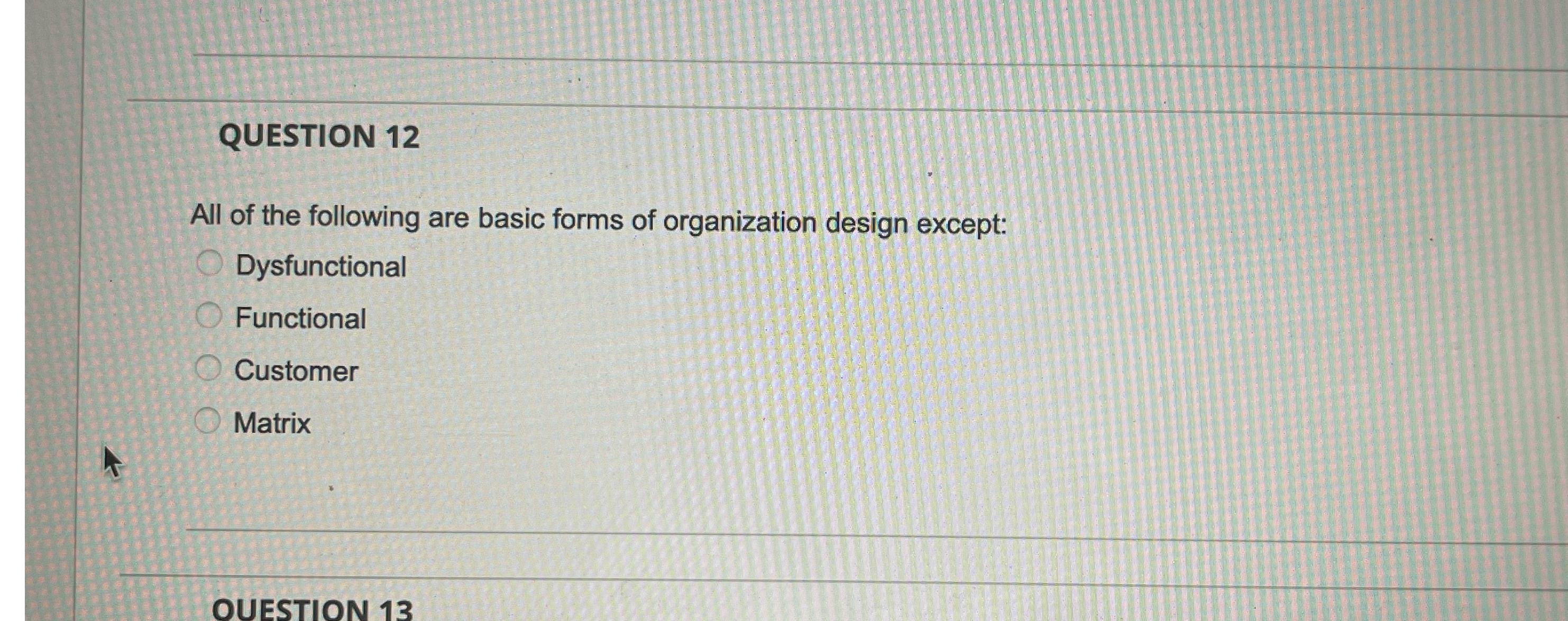  QUESTION 12 All of the following are basic forms of organization