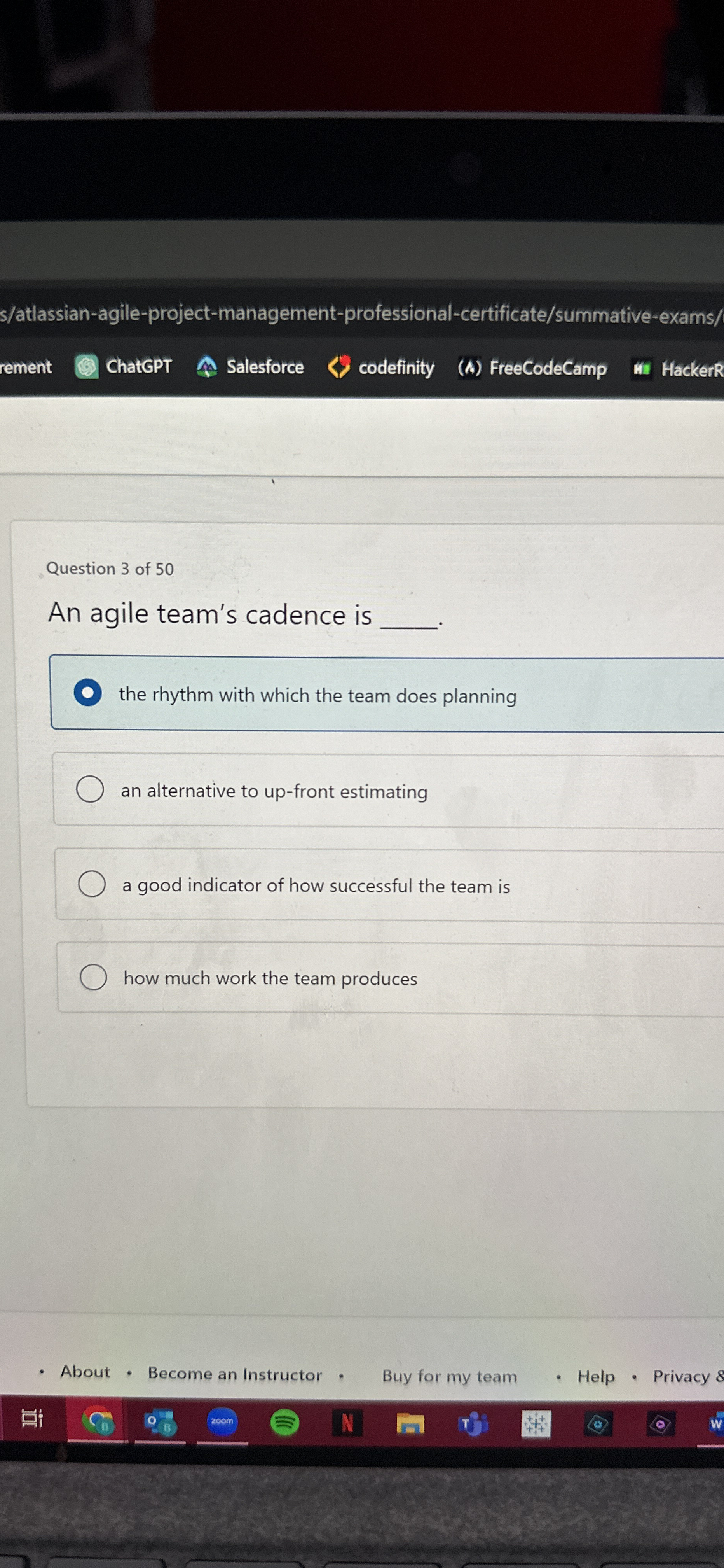  s/atlassian-agile-project-management-professional-certificate/summative-exams/ rement ChatGPT Salesforce codefinity (A) FreeCodeCamp HackerR Question 3 of
