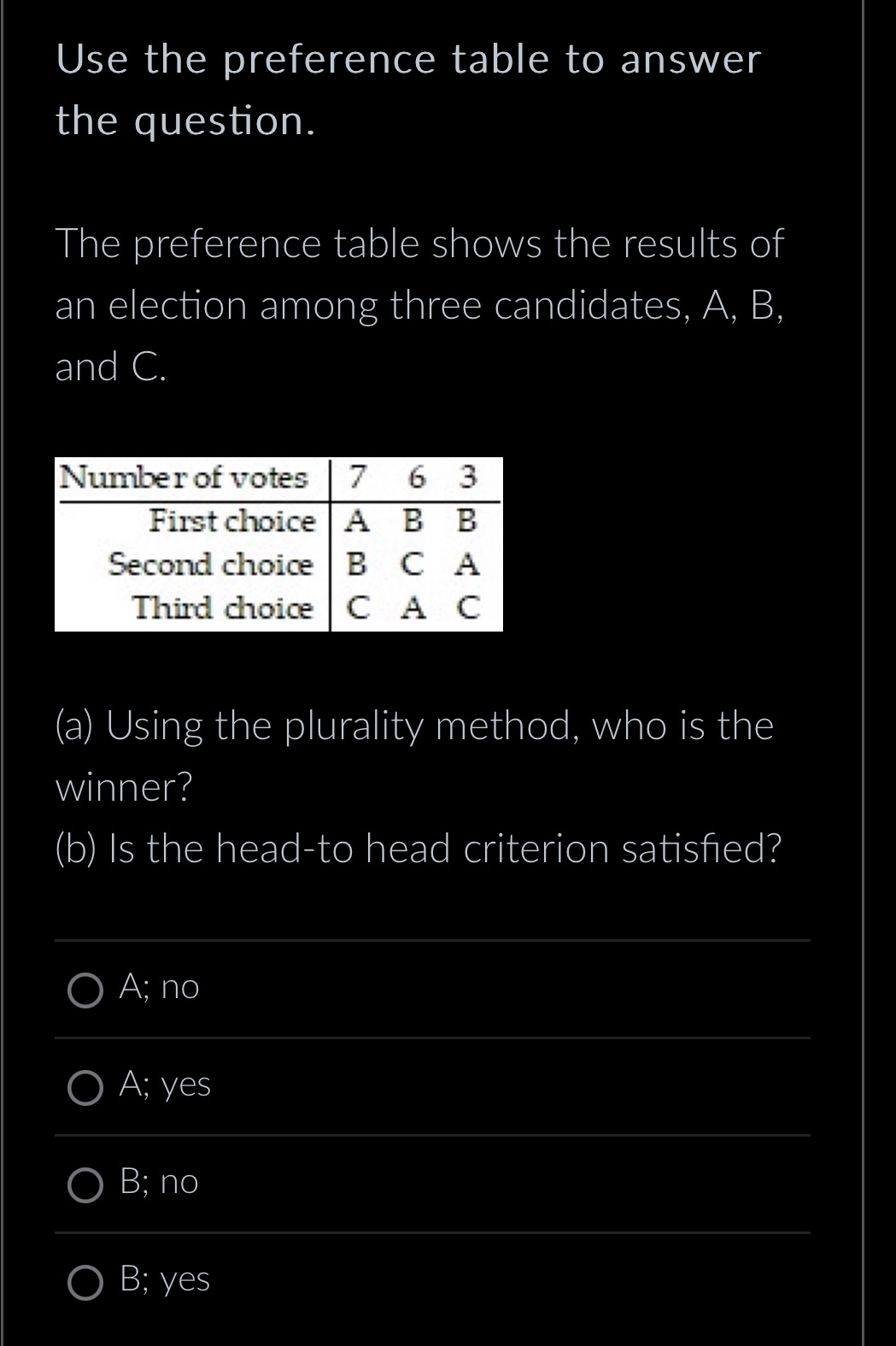  Use the preference table to answer the question. The preference table