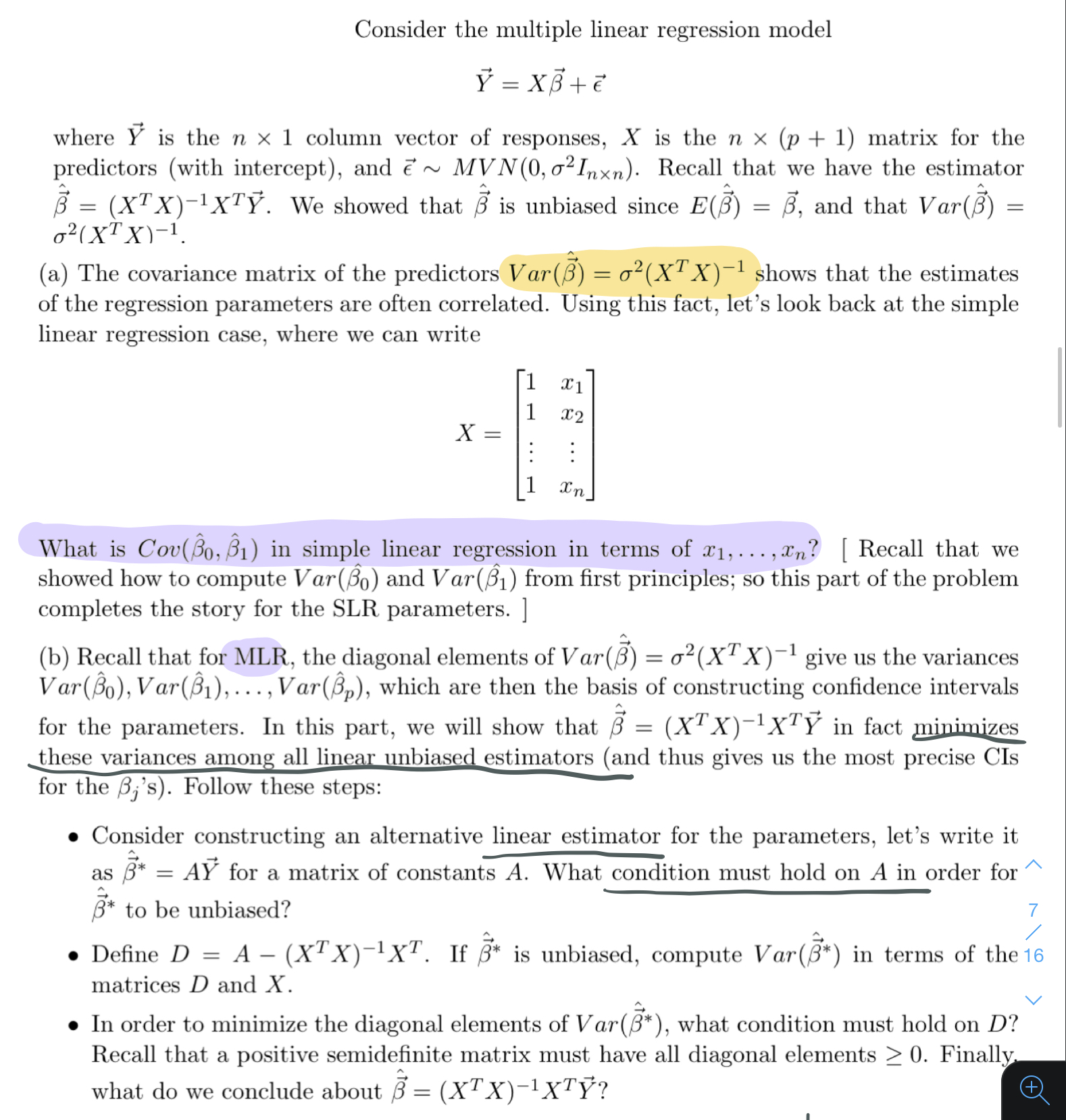 each part plz Consider the multiple linear regression model Y = XB