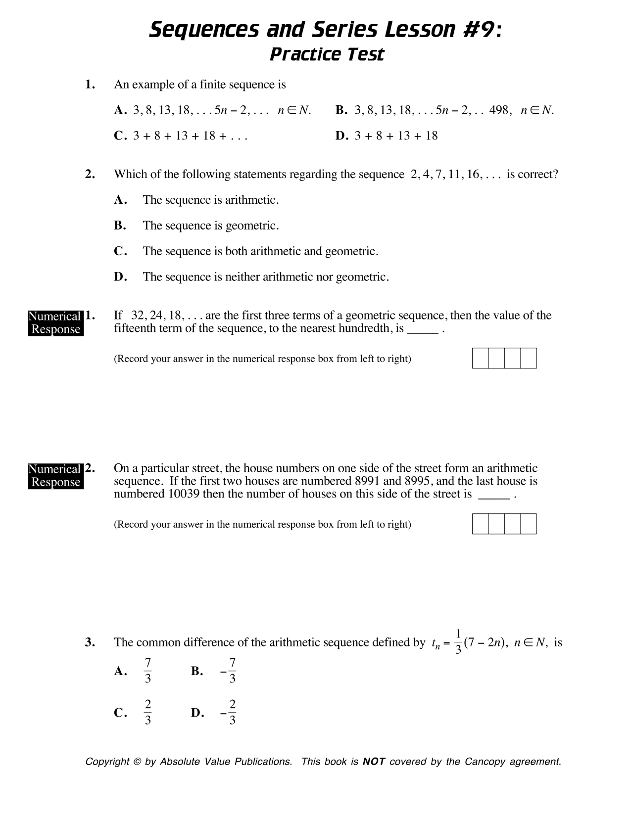 Numerical 1 . Response Numerical 2- Response Sequences and Series Lesson