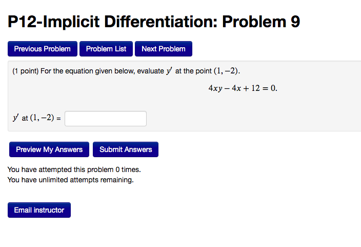 I want answer P12-Implicit Differentiation: Problem 9 Previous Problem Problem List Next