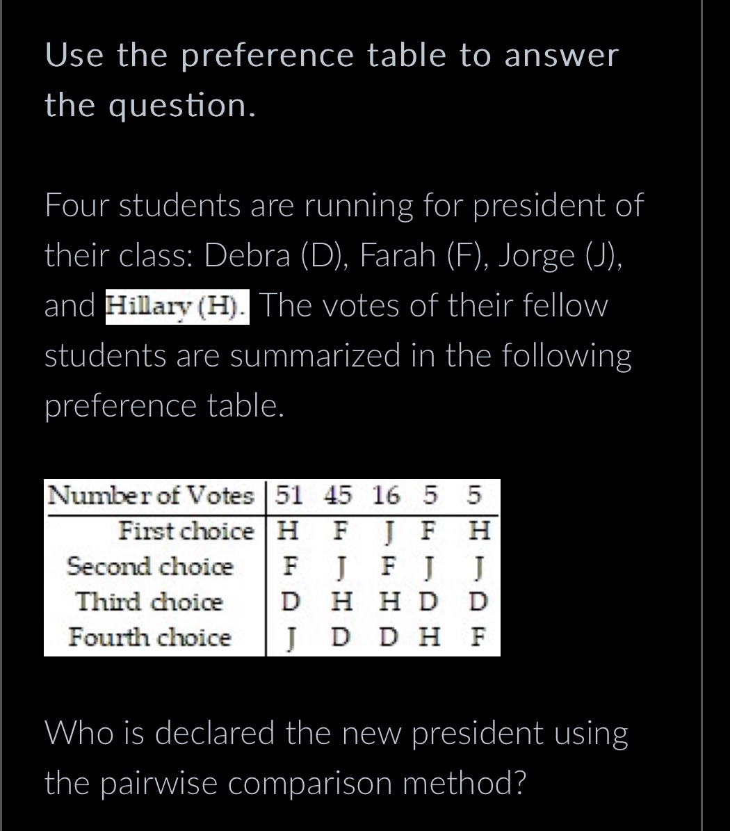  Use the preference table to answer the question. Four students are