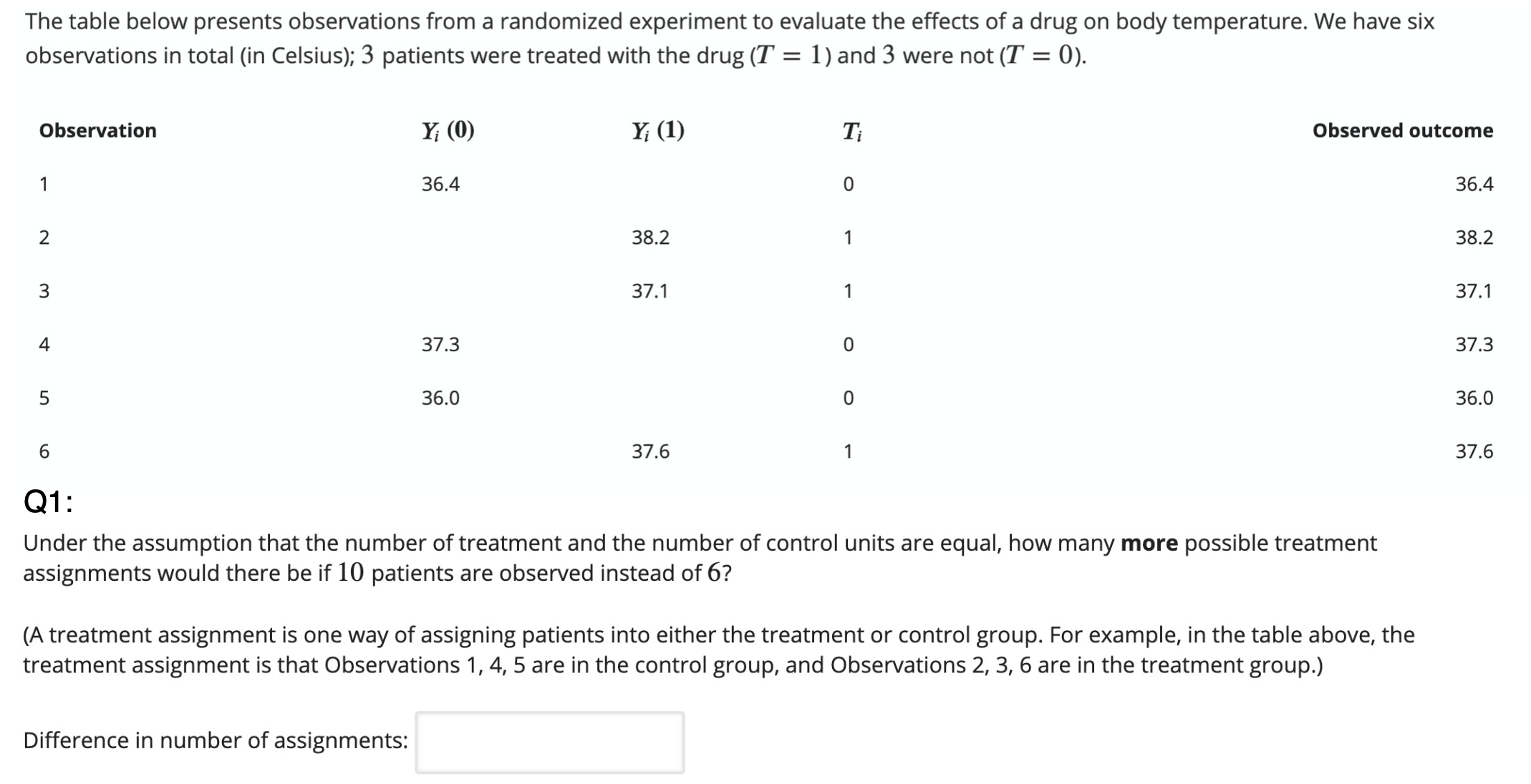  The table below presents observations from a randomized experiment to evaluate
