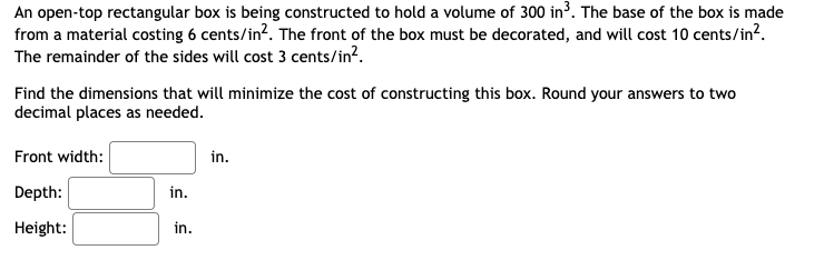 Please help with this question. An open-top rectangular box is being constructed