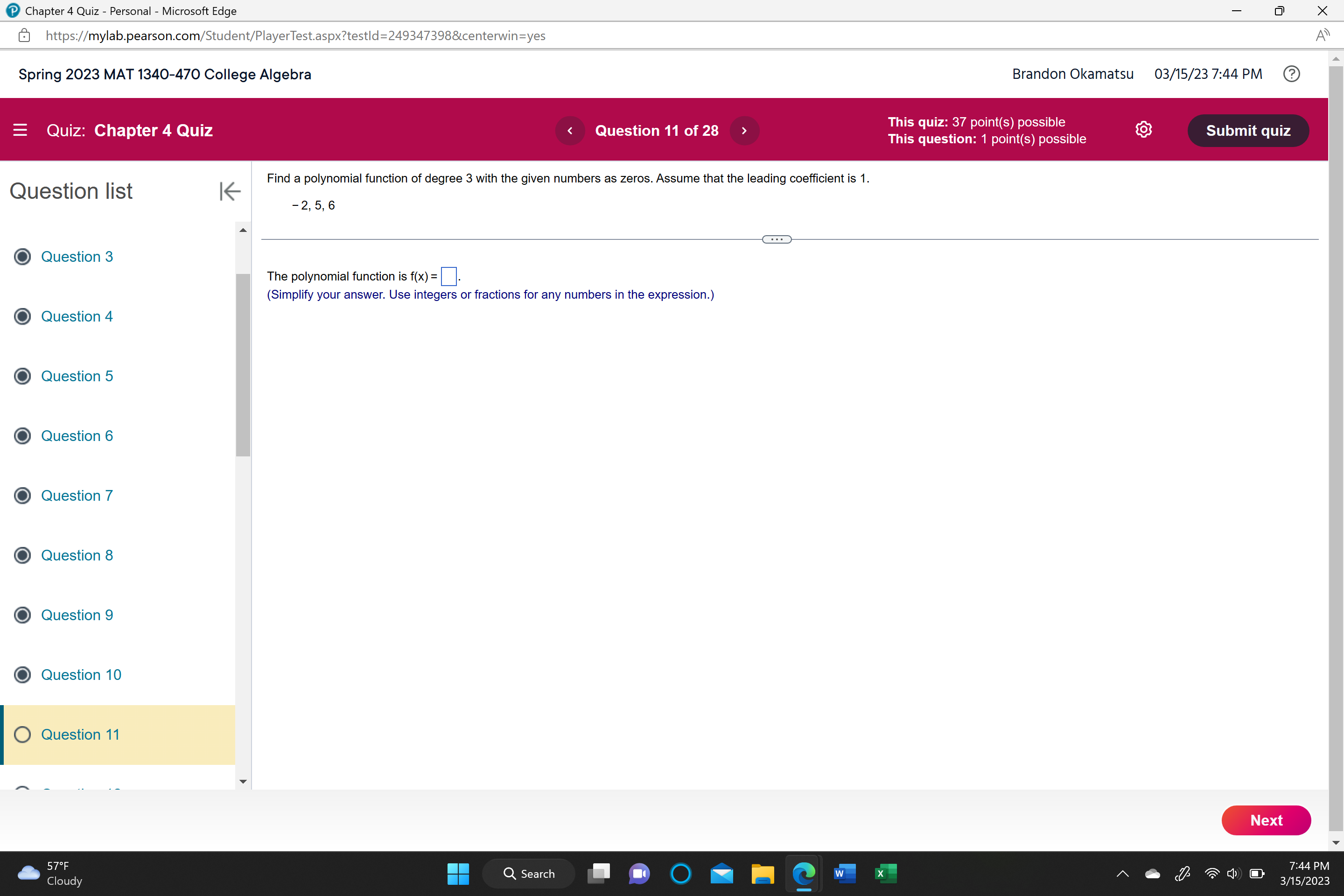  @ Chapter4 Quiz Personal Microsoft Edge m ET X E] https://my|ab.pearson.com/Student/PiayeI'Test.asp>