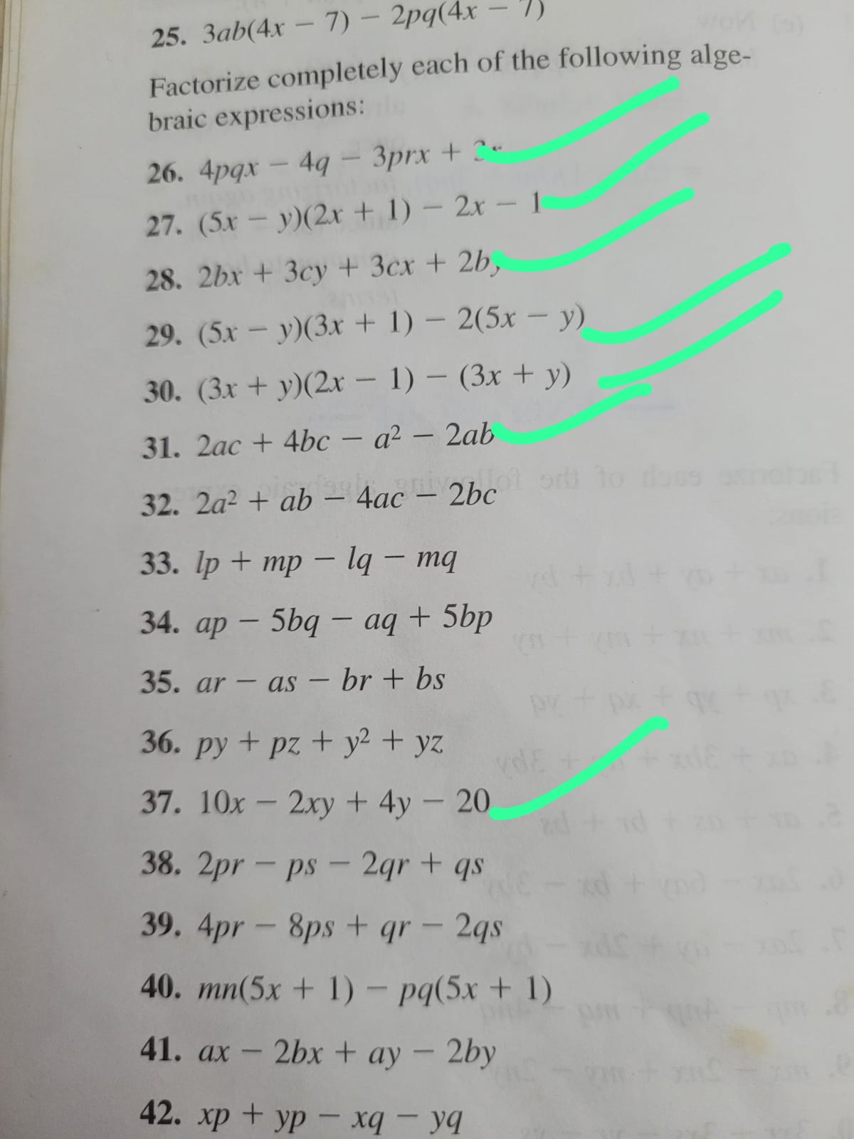 Please help 25. 3ab(4x - 7) - 2pq(4x - 1) Factorize completely