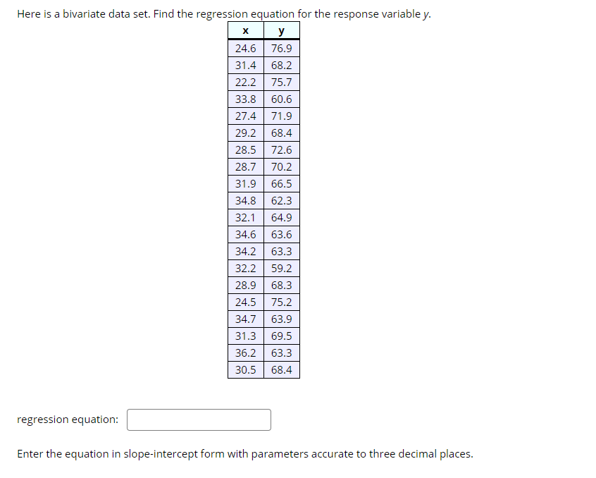  Here is a bivariate data set. Find the regression equation for