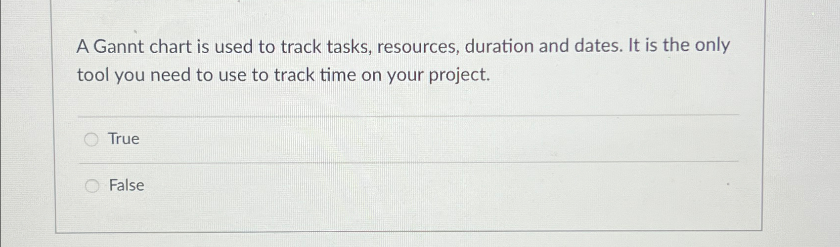  A Gannt chart is used to track tasks, resources, duration and