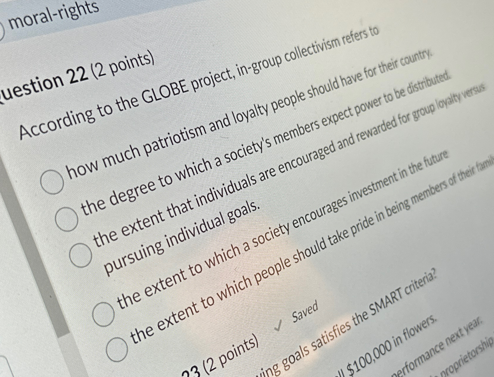  moral-rights Uestion 22(2 points) According to the GLOBE project, in-group collectivism