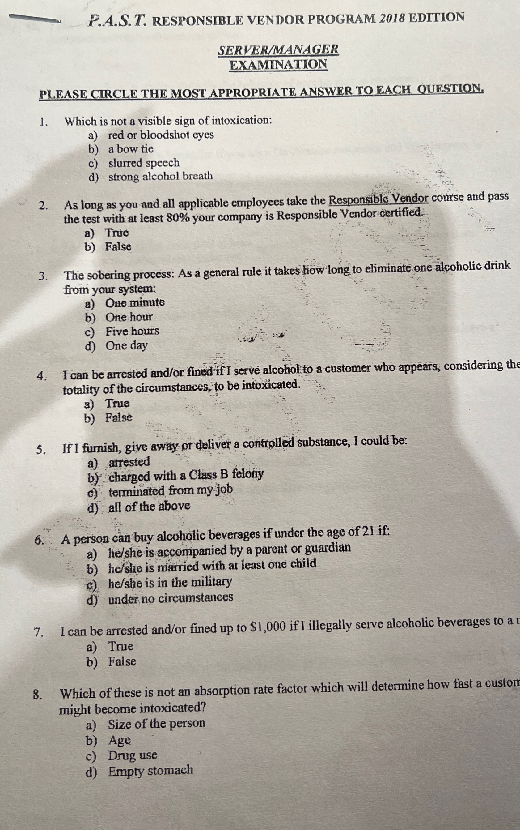  F.A.S.T. RESPONSIBLE VENDOR PROGRAM 2018 EDITION SERVER/MANAGER EXAMINATION PLEASE CIRCLE THE