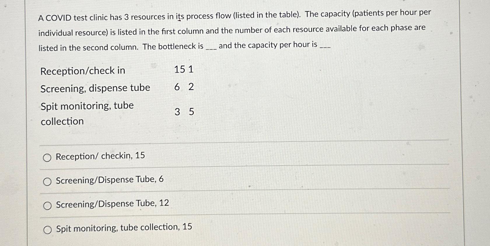  A COVID test clinic has 3 resources in its process flow