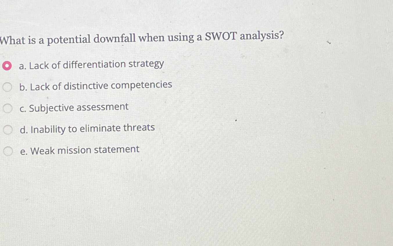  What is a potential downfall when using a SWOT analysis? a.