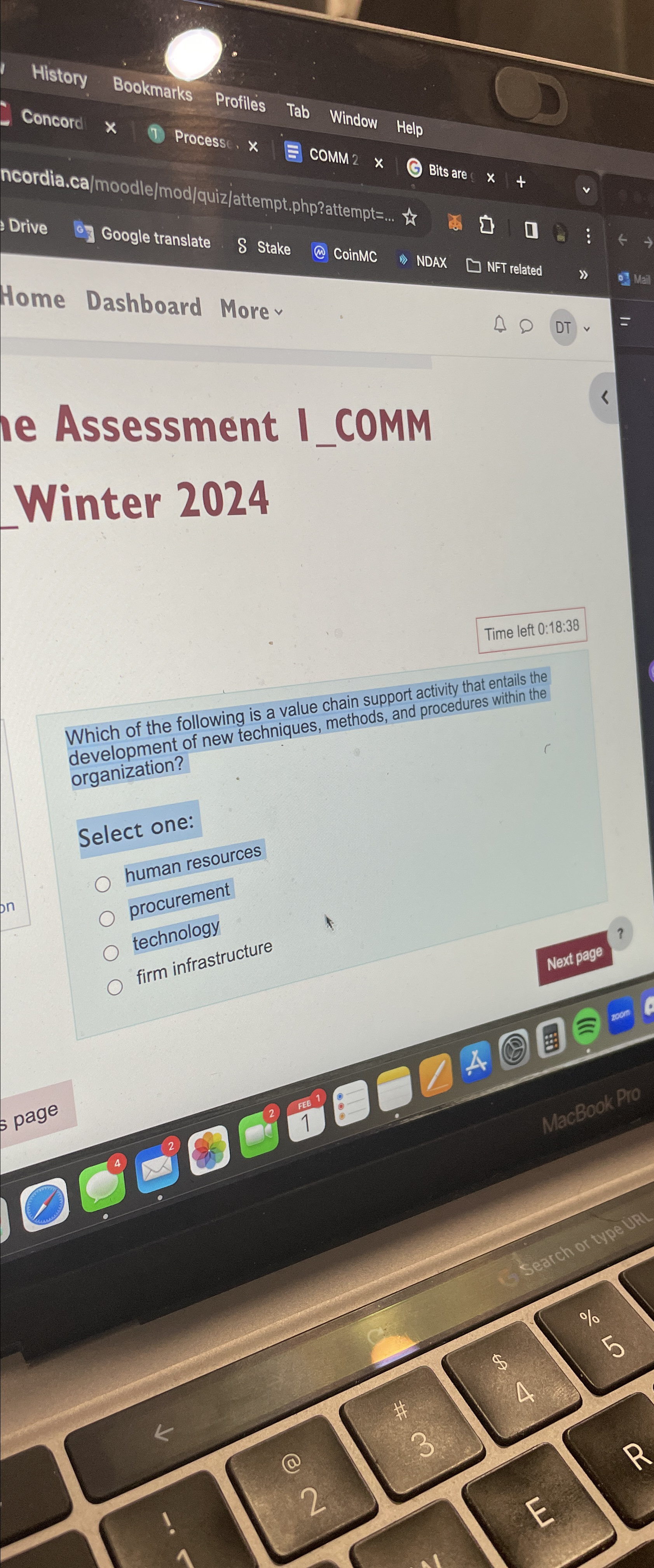  Home Dashboard Morev e Assessment I_COMM Winter 2024 Time left 0:18:38
