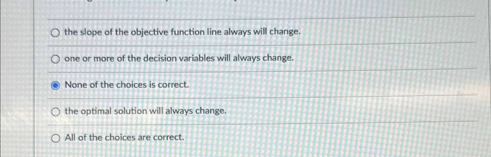  the slope of the objective function line always will change. one