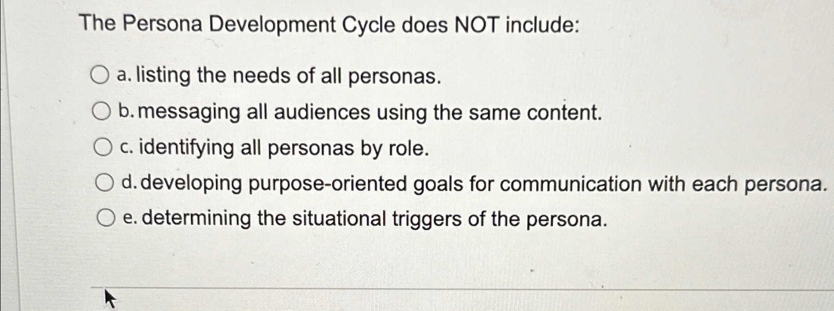  The Persona Development Cycle does NOT include: a. listing the needs