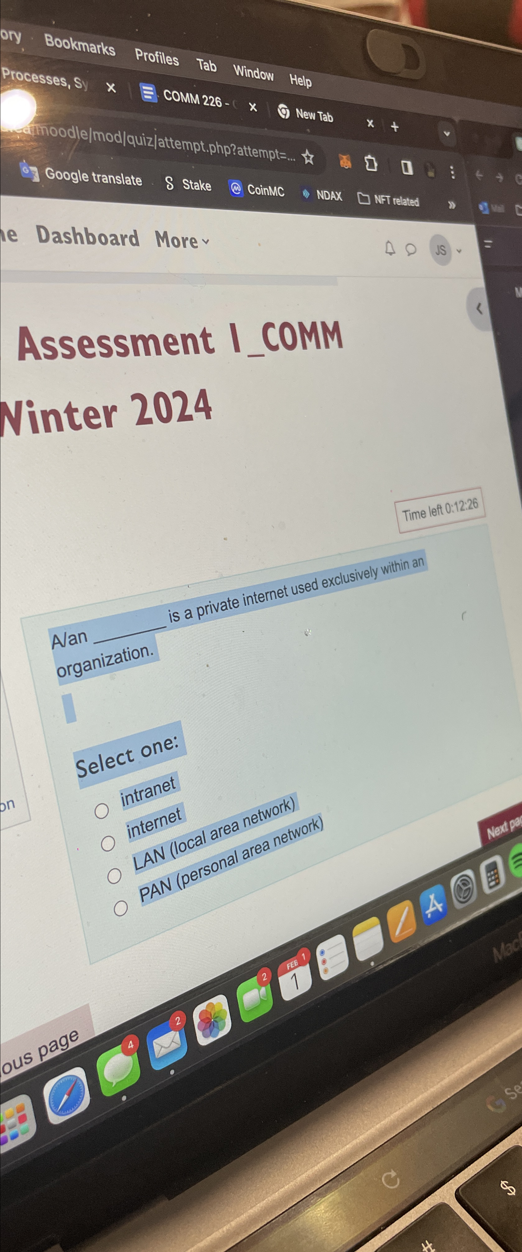  Dashboard Morev Assessment I_COMM Ninter 2024 Time lef 0:12:26 Aan is