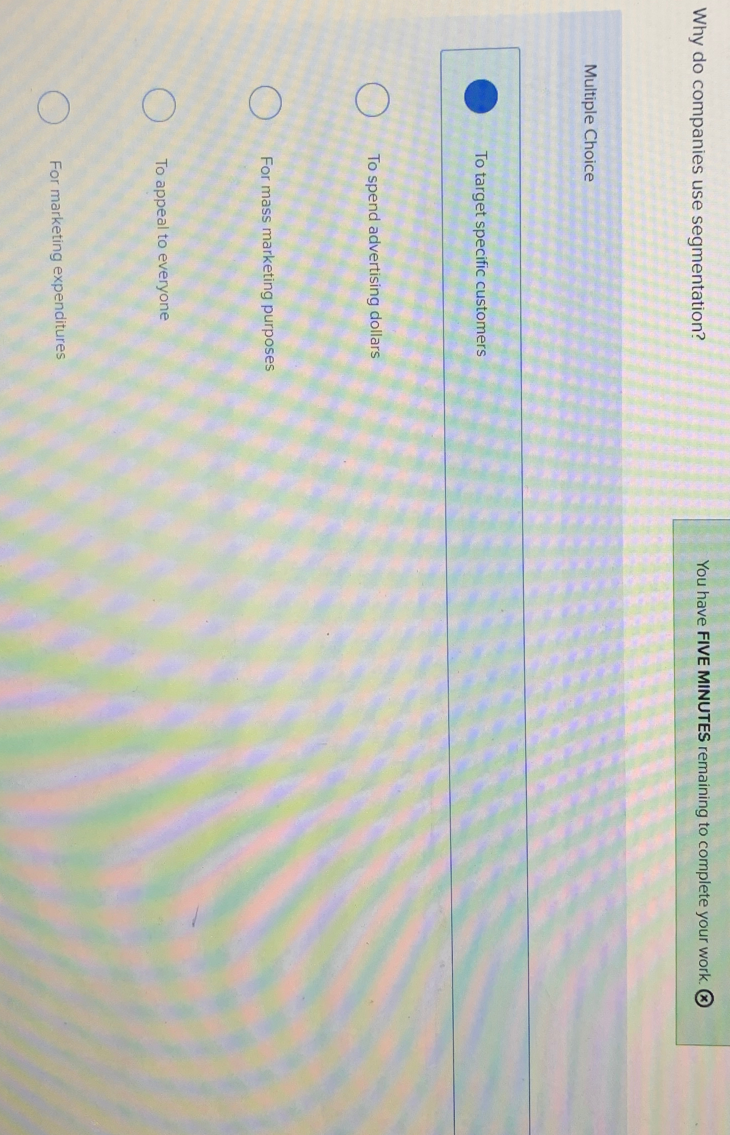  Why do companies use segmentation? You have FIVE MINUTES remaining to