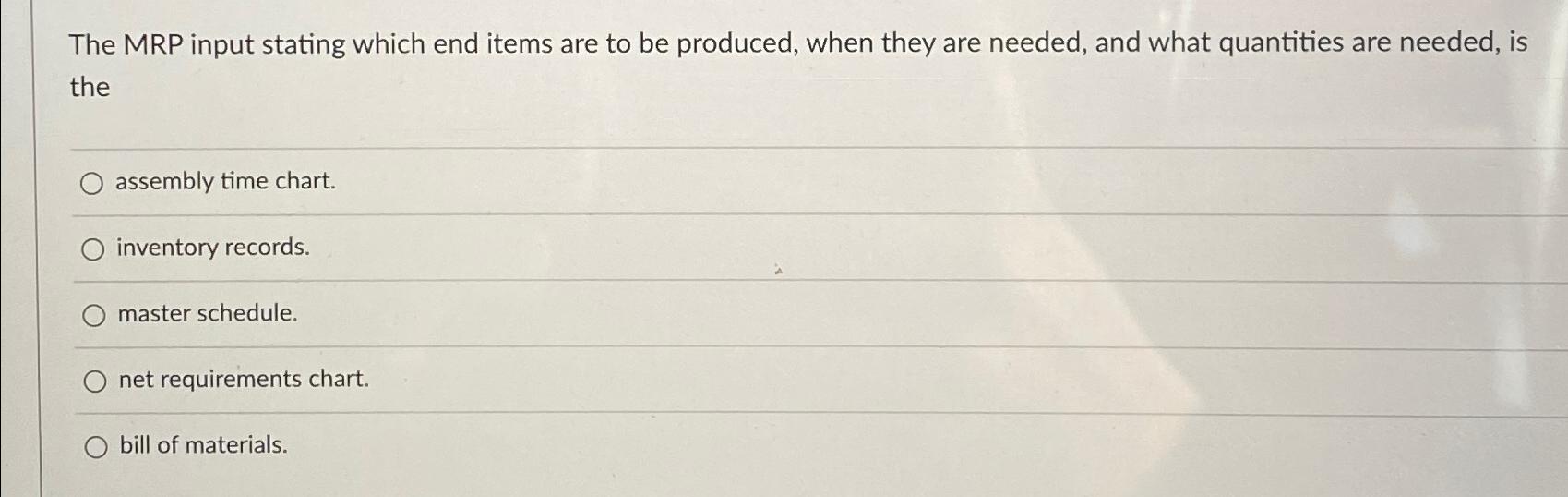  The MRP input stating which end items are to be produced,