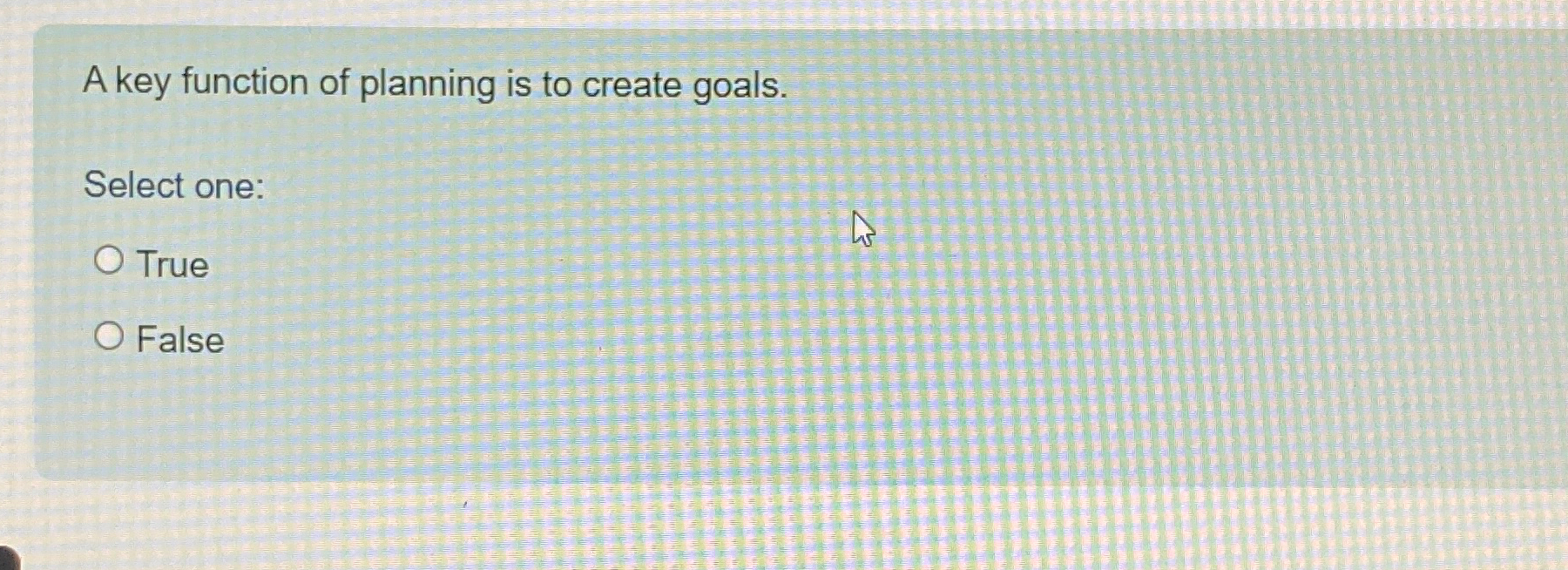  A key function of planning is to create goals. Select one: