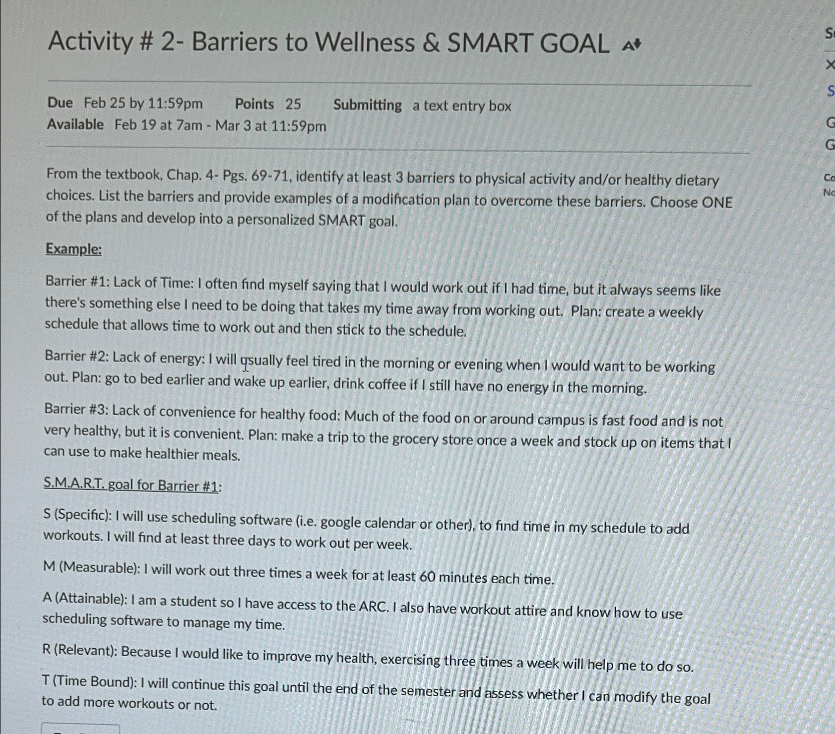  Activity # 2- Barriers to Wellness & SMART GOAL Due Feb