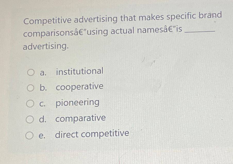  Competitive advertising that makes specific brand comparisons "using actual names"is advertising.
