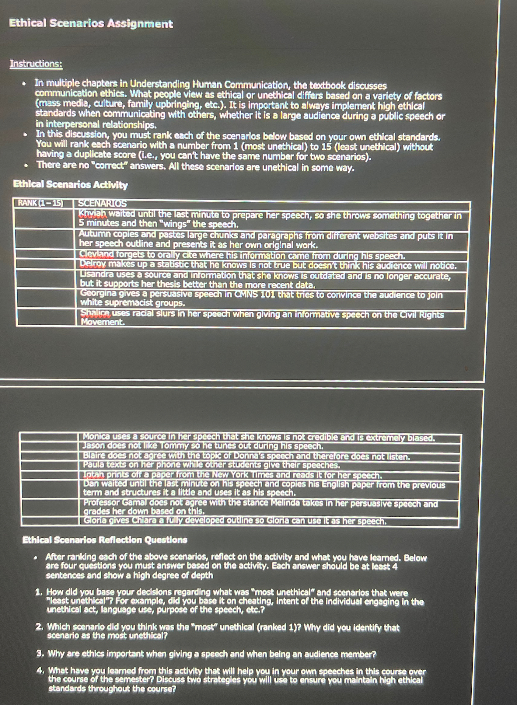  Ethical Scenarios Assignment Instructions: In multiple chapters in Understanding Human Communication,