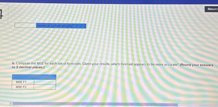 2 decimal places.) d. Compute MAPE for each data set. Which forecast