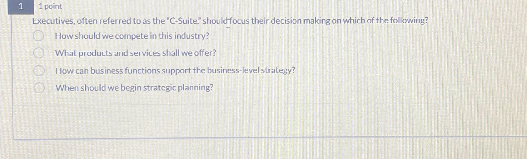  11 point Executives, often referred to as the "C-Suite," shouldffocus their
